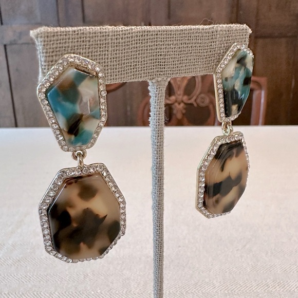 Boho Chic Set of 3 Statement Earrings Tortoise Shell Resin, Glass, Rhinestones - Picture 11 of 13